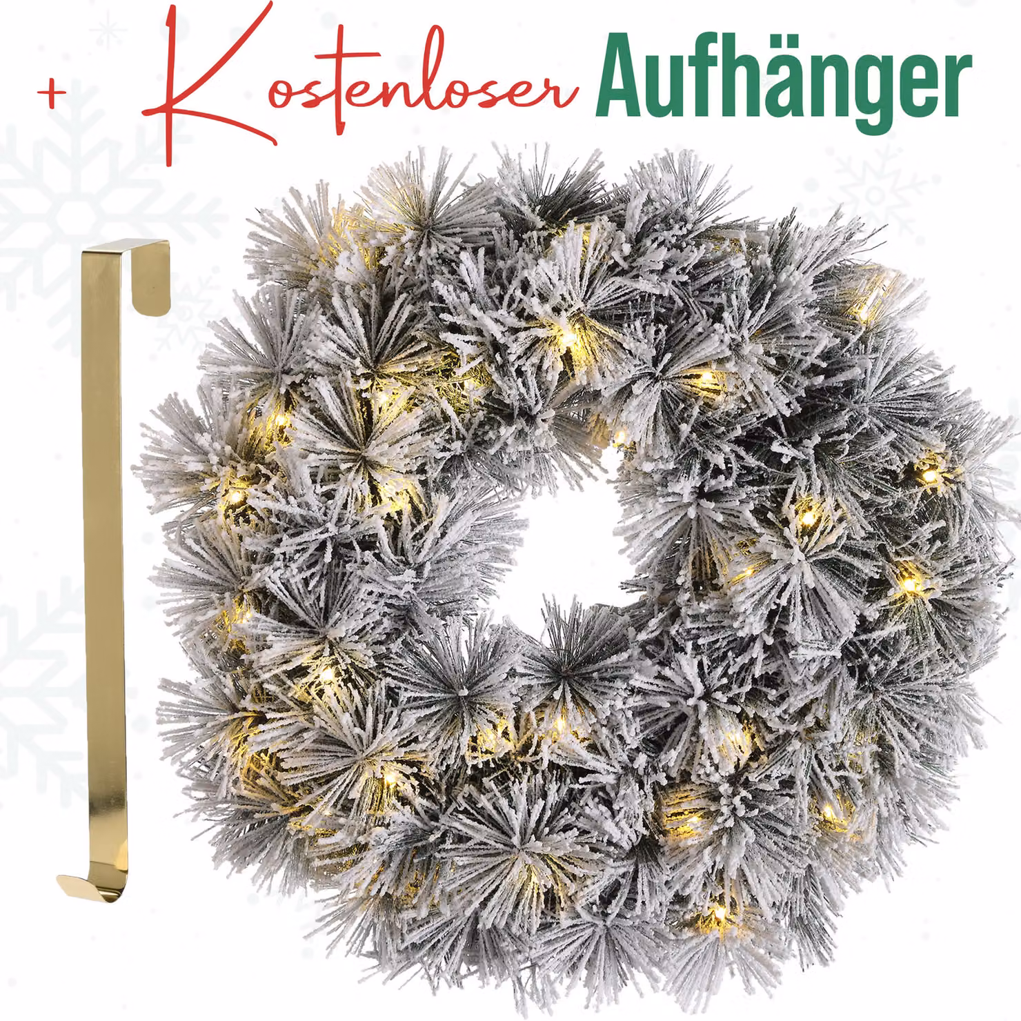 MeisterHome ® Ghirlanda di Natale artificiale per porta Ø 50 cm - Ghirlanda di Natale per porta per interni ed esterni con 35 LED, timer e decorazione di neve + appendino color oro