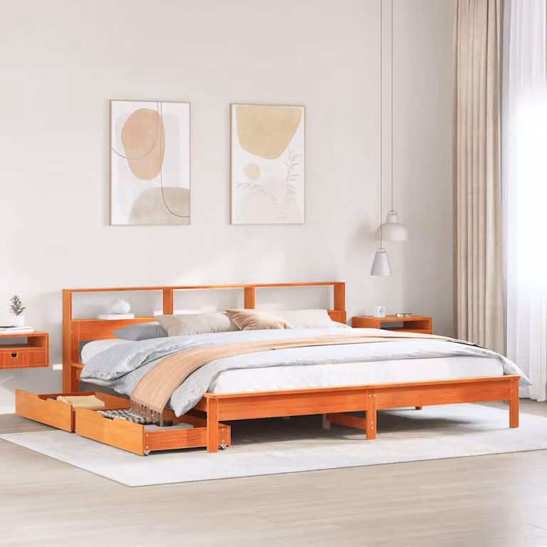 vidaXL Letto Libreria in Pino Massiccio Marrone Cera con Ripiani e Doghe, L/P/H: 200 x 200 x 220,5 cm