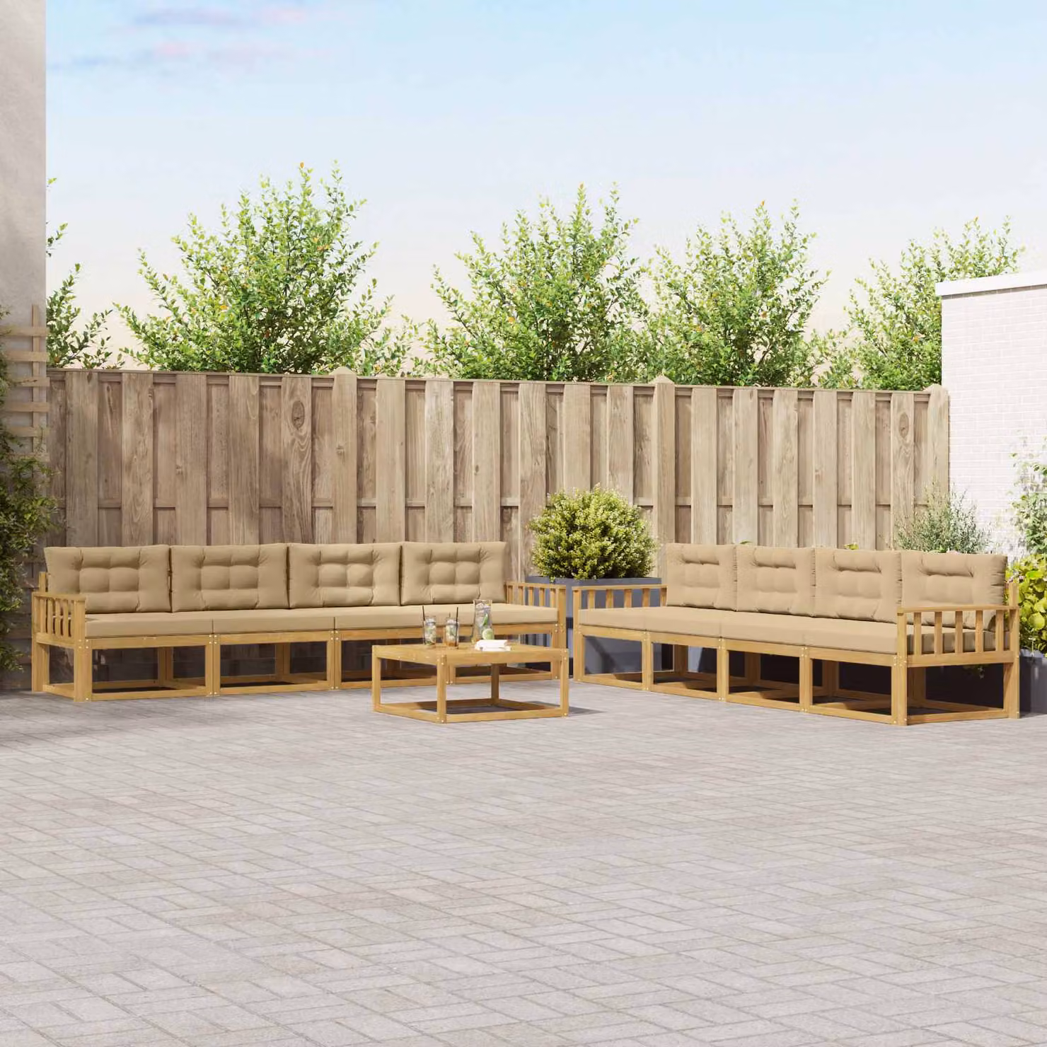 Set di divani da esterno vidaXL a forma di U composto da 9 pezzi con tavolino da caffè, in legno di acacia e tessuto bianco, beige e marrone
