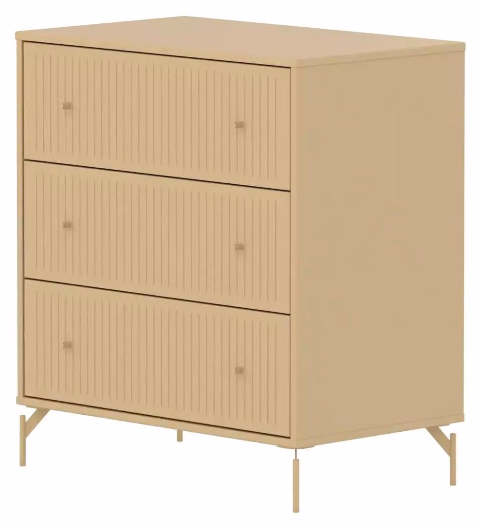 Flexa Cassettiera SAGA a 3 cassetti con frontali scanalati, colore beige sabbia, finitura avena, gambe pomelli in metallo