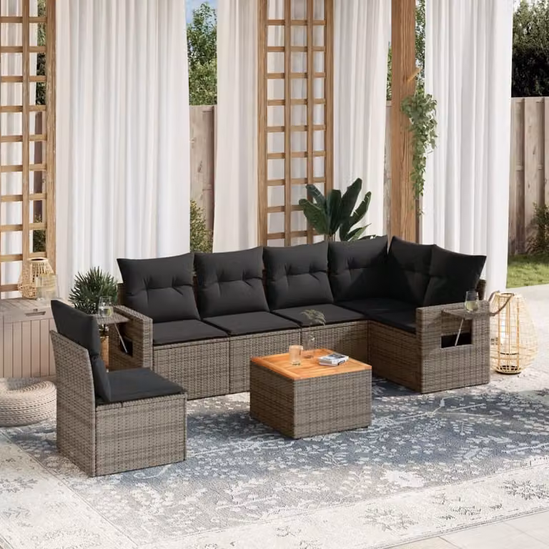 vidaXL Set Divani da Giardino 7 pz a Forma a L in Polyrattan Grigio con Cuscini e Tavolino