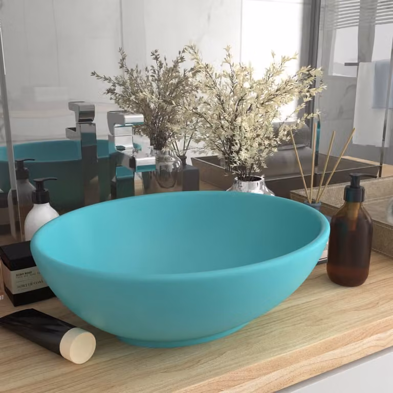The Living Store Lavabo ovale verde chiaro opaco 40x33 cm in Vetroceramica
