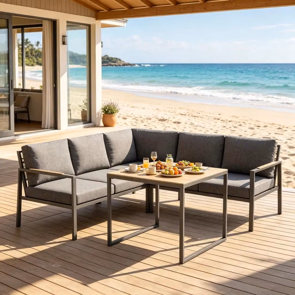 Set da giardino Mivray composto da 3 pezzi con divano angolare a L per 5 persone, in metallo e tessuto grigio, L/P/H: 183 x 183 x 72 cm – 2