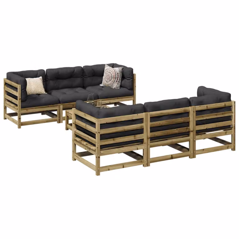 Set di divani da giardino vidaXL in legno di pino con cuscini marroni e grigi, composizione a L da 7 pezzi per esterno
