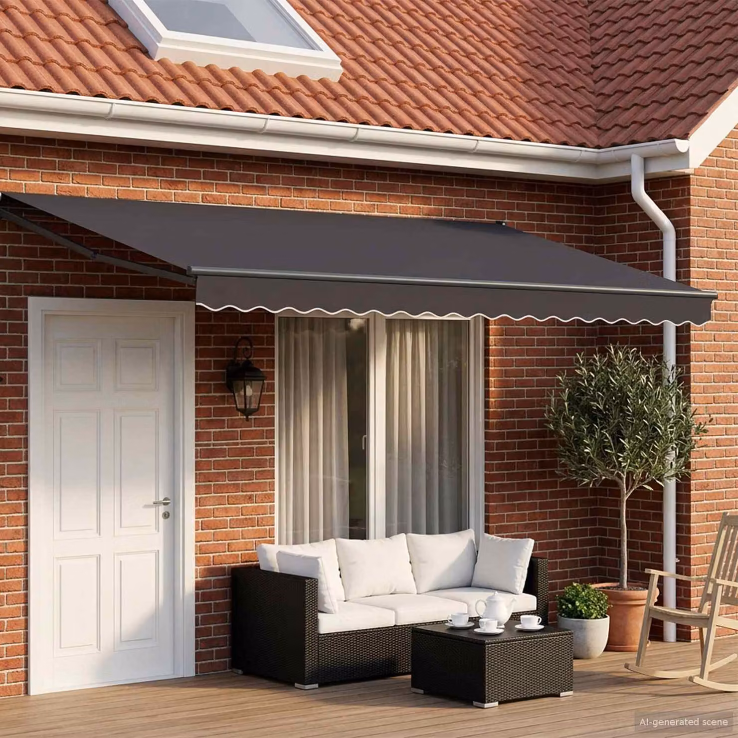 Tettuccio elettrico retrattile vidaXL con bracci pieghevoli in alluminio e copertura in poliestere, colore antracite, L: 5 m x P: 3 m