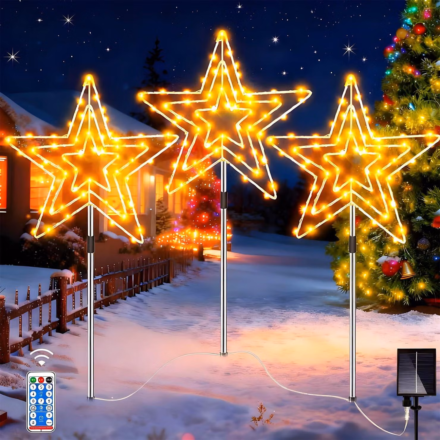 Luci solari da esterno, 3 file da 75 LED ciascuna, 8 modalità, forma a stella, luce bianco caldo