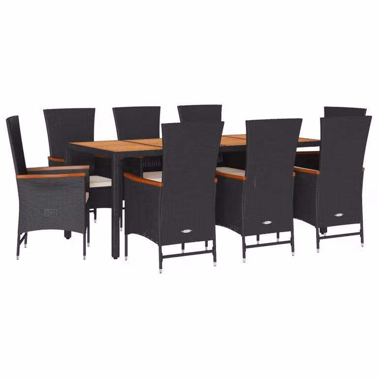 Set da Pranzo da Giardino 9 pz con Cuscini Nero in Polyrattan