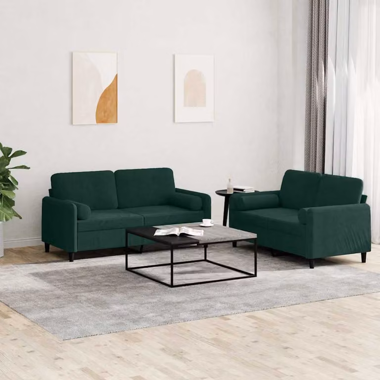 Set di 2 Divani vidaXL in Velluto Verde con Cuscini per Soggiorno Moderno