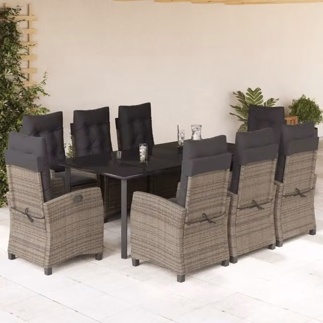 Set da pranzo da giardino vidaXL in polyrattan grigio e nero con tavolo in vetro e 9 pezzi