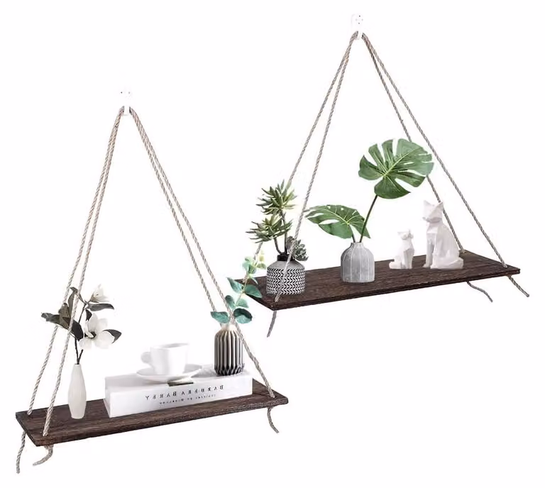 Omgoods - Set di 2 mensole in legno con ganci a corda triangolari