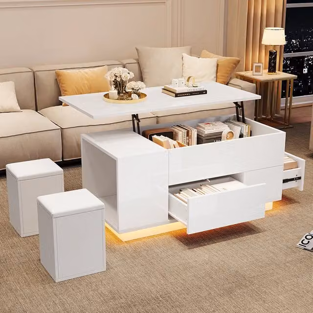 Tavolino 4 in 1 regolabile - Xylo - 100x50x45cm LED 2 cassetti bianco
