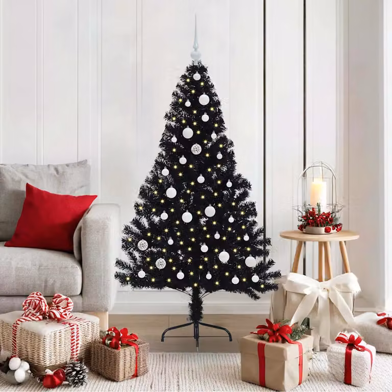 Albero di Natale artificiale moderno vidaXL con luci LED bianco caldo, colore nero, in PVC e metallo, Altezza: 150 cm
