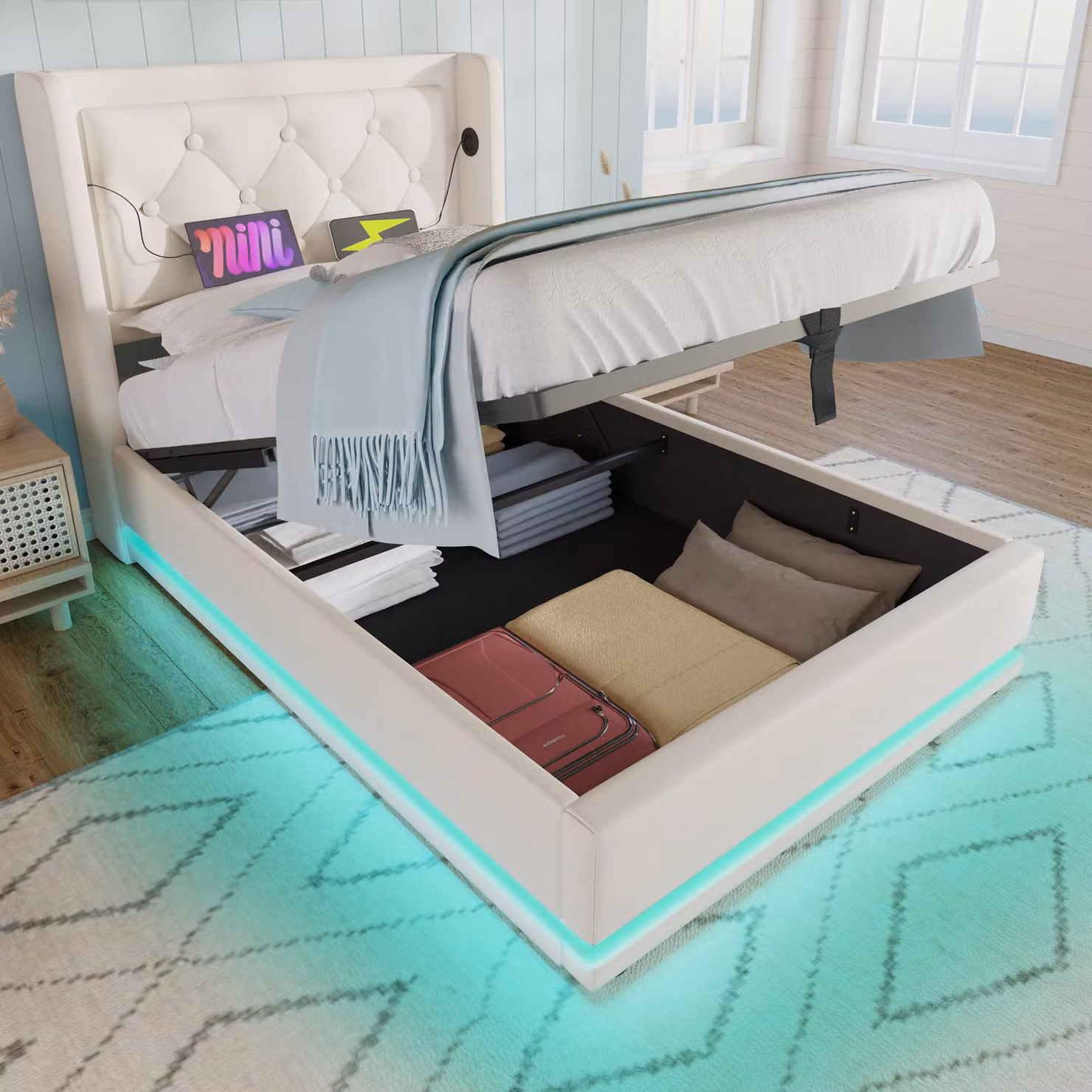 Letto imbottito Flieks 90x200cm con USB e Type-C, letto singolo per ragazzi con LED, letto contenitore idraulico con rete a doghe, Pelle finta, bianco
