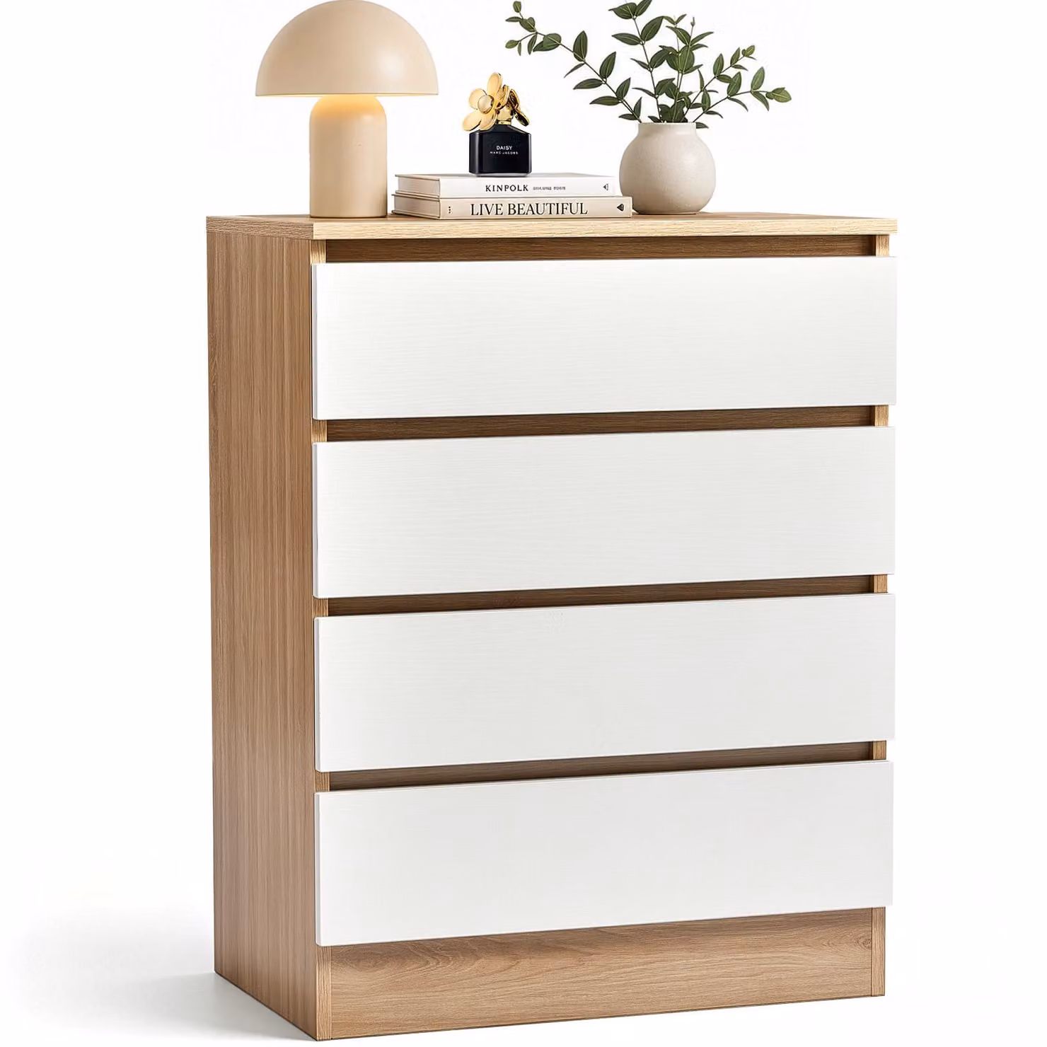 Comodino con 4 cassetti. Mobile contenitore bianco ed effetto legno di quercia. Credenza in legno
