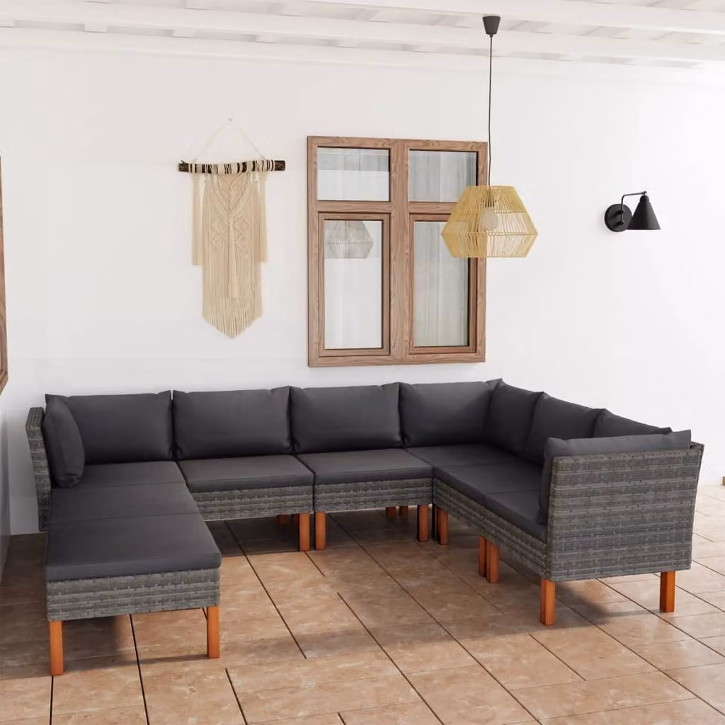 The Living Store Set salotto da giardino 8 pezzi con cuscini in poly rattan grigio