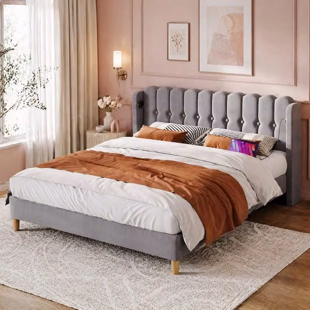 Letto imbottito ULEVR 180x200 cm in lino grigio con ricarica USB e USB-C