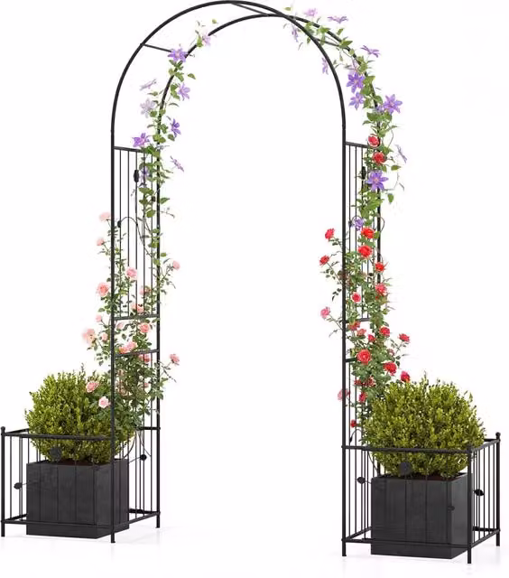 Arco da giardino in metallo nero con vasi per piante rampicanti e supporto per decorazioni esterne ornamentali