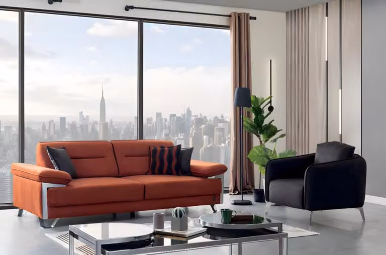 Sofagarnitur 3+1 Sitzer Terrakotta Anthrazit Stoff Chromfüße Modern Design