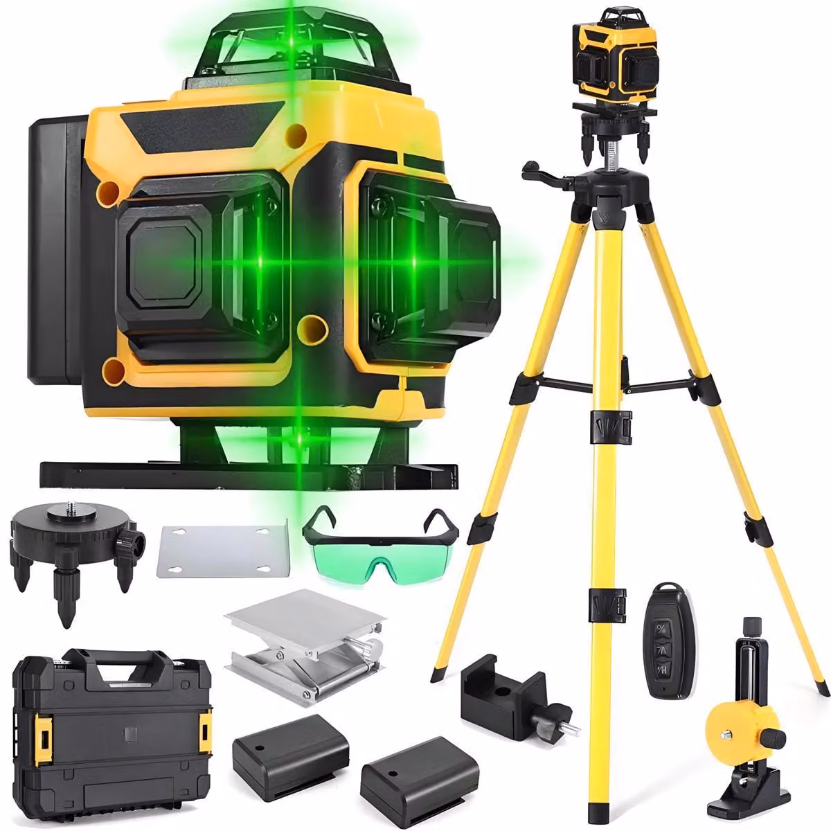 Livella laser a croce 4D con 16 linee - Livella laser autonivelante - Raggio verde da 532 nm - Portata di 20 metri - Batteria da 2400 mAh - Resistente all'acqua (IP54) - Treppiede regolabile - Colore: giallo