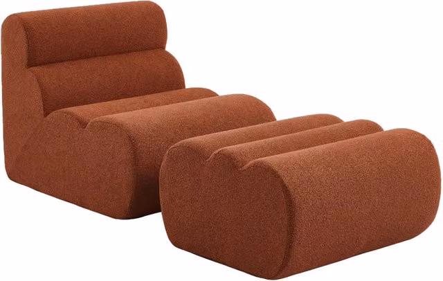 Poltrona lounge moderna Sweeek in tessuto bouclé con poggiapiedi coordinato colore arancione – 1