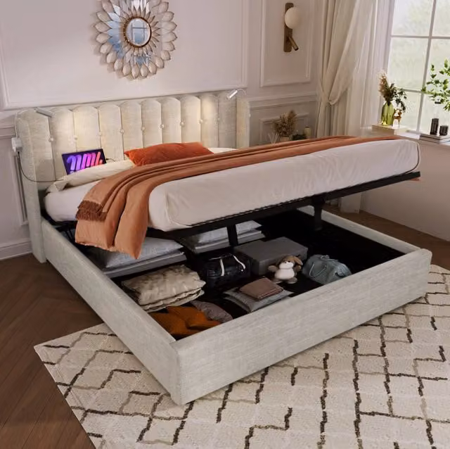Letto contenitore 160x200 cm in lino beige con luce da lettura USB e rete a doghe