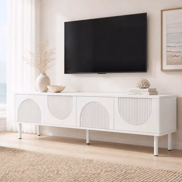 Mobile TV REDOM moderno in MDF bianco opaco con 4 vani e gestione cavi L/P/H: 180 x 40 x 52 cm