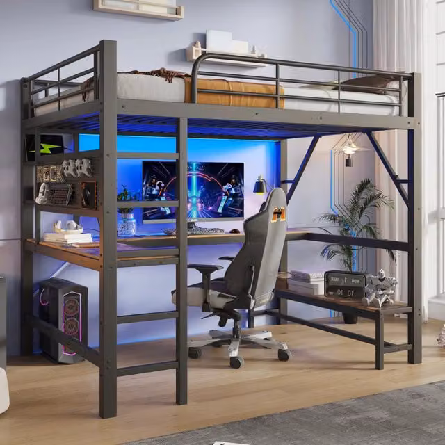 Desviae Letto a soppalco 160 × 200 cm con scrivania LED USB tipo C in metallo e MDF nero con ripiani e pannello forato