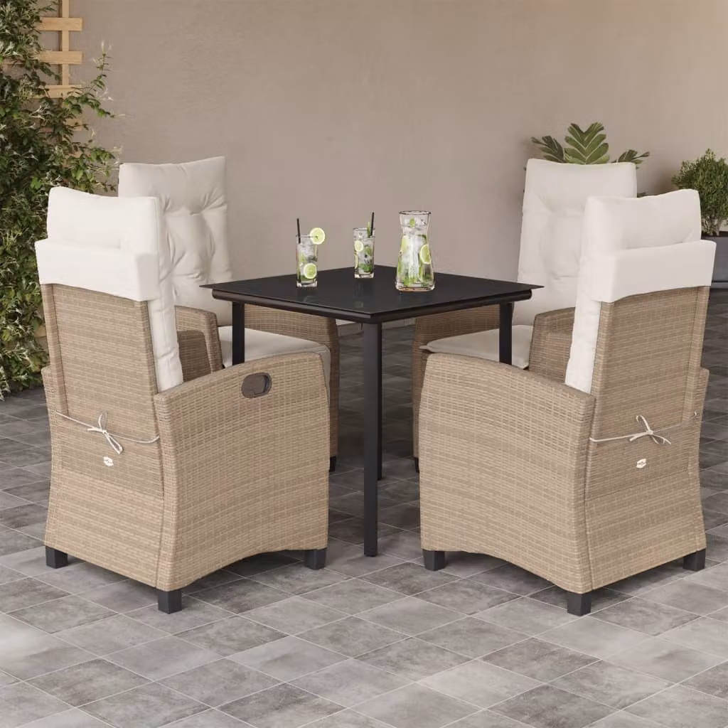 Set da Pranzo da Giardino vidaXL in Polyrattan con Cuscini Beige e Tavolo in Vetro 5 pz – 1