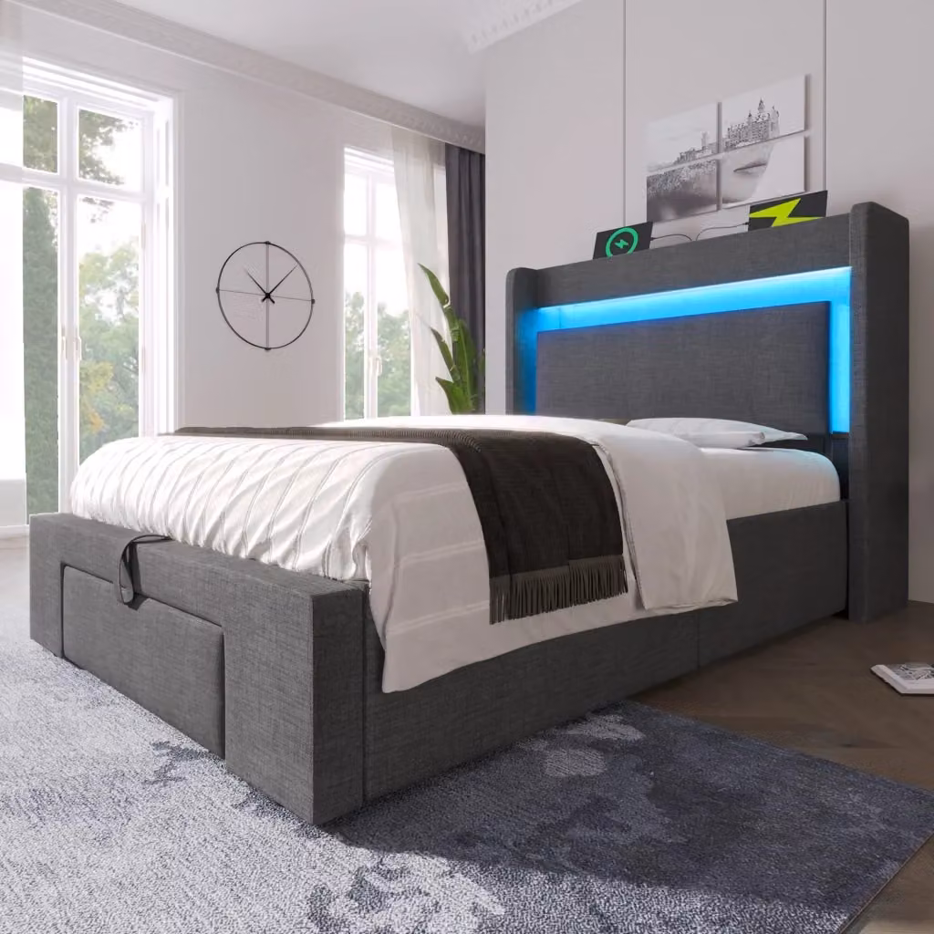 Letto Contenitore REDOM con Materasso Incluso, Grigio, L/P/H: 90 x 200 x 111 cm, con Illuminazione LED, Porte USB e USB-C e Ripiano Integrato – 2