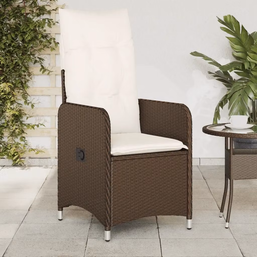 Set di 2 sedie reclinabili da giardino in polyrattan marrone con cuscini bianchi e struttura in metallo – 2