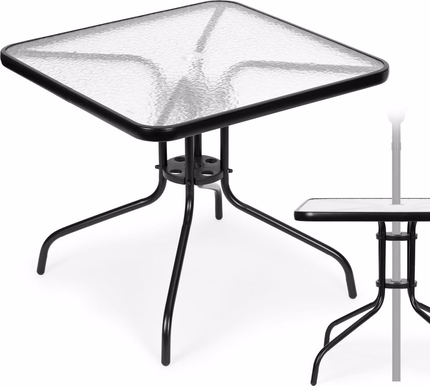Tavolo da giardino 80x80 cm, per terrazzo, giardino, balcone, vetro temperato, foro per ombrellone, MultiGarden