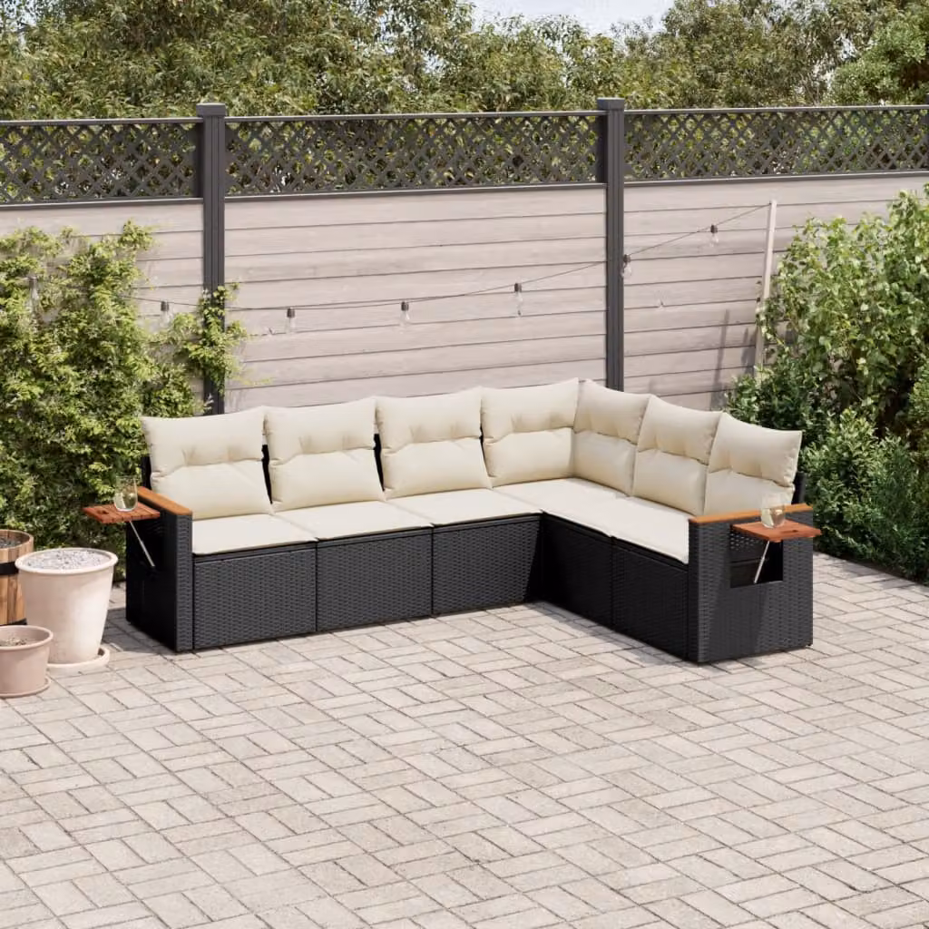 vidaXL Set Divano da Giardino 6 pz a L in Polyrattan Nero con Cuscini e Tavolino – 1