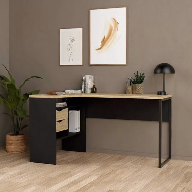 Scrivania Moire DMORA moderna con cassettiera, tavolo da ufficio porta PC in MDF laminato, L: 145 cm, P: 81 cm, H: 77 cm, Nero e Quercia