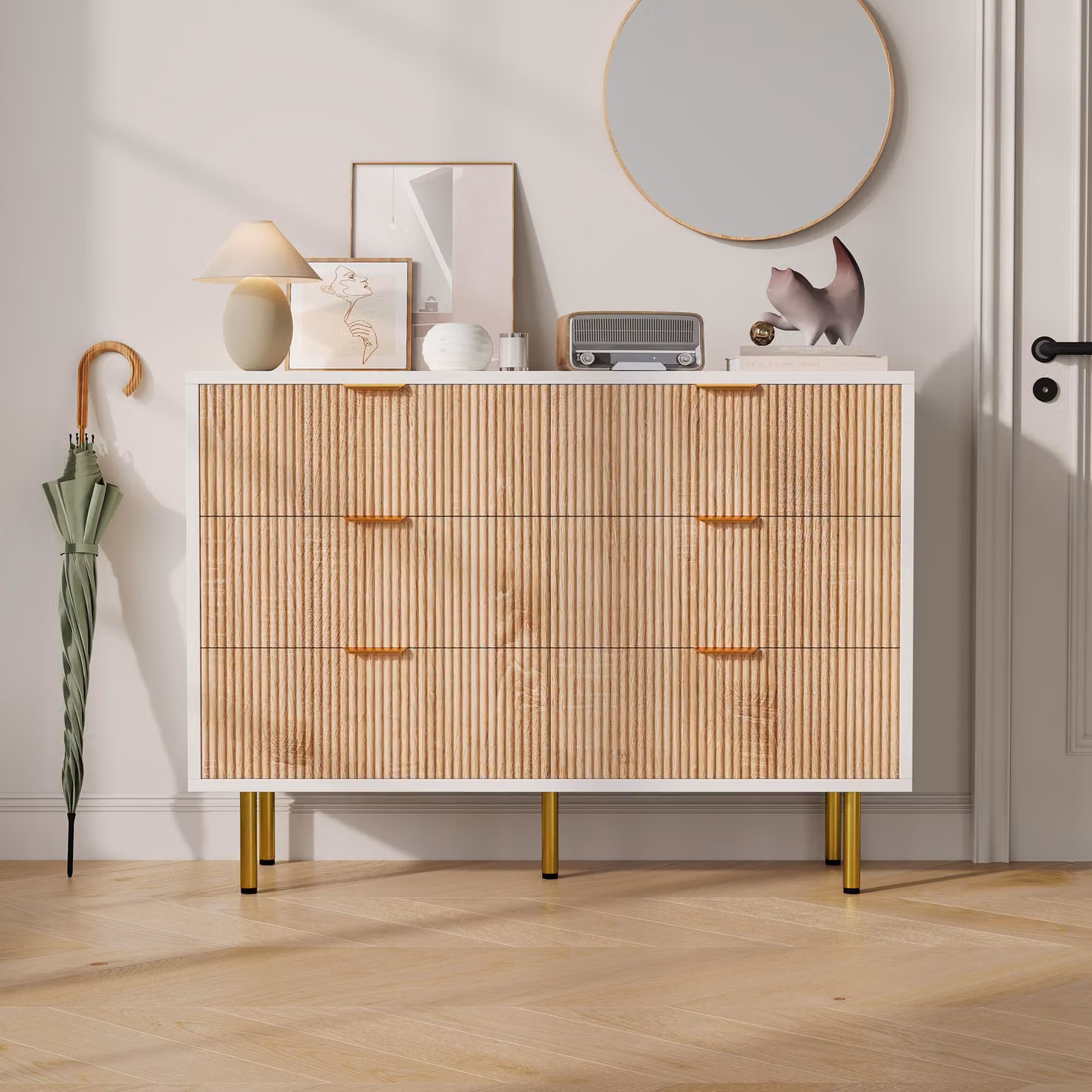 Comò Moonbite con 6 cassetti, legno naturale/bianco, dimensioni 100x34x73 cm. Comò basso, ideale per soggiorno, sala da pranzo o cameretta