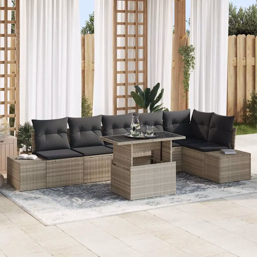 Set Divano da Giardino vidaXL 7 Pezzi a Forma di L in Polyrattan Grigio con Tavolino e Cuscini Imbottiti – 1