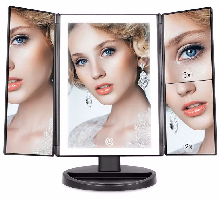 Specchio da trucco con illuminazione a LED, 36 LED, ingrandimento 1x/2x/3x, controllo touch, alimentazione USB, colore nero