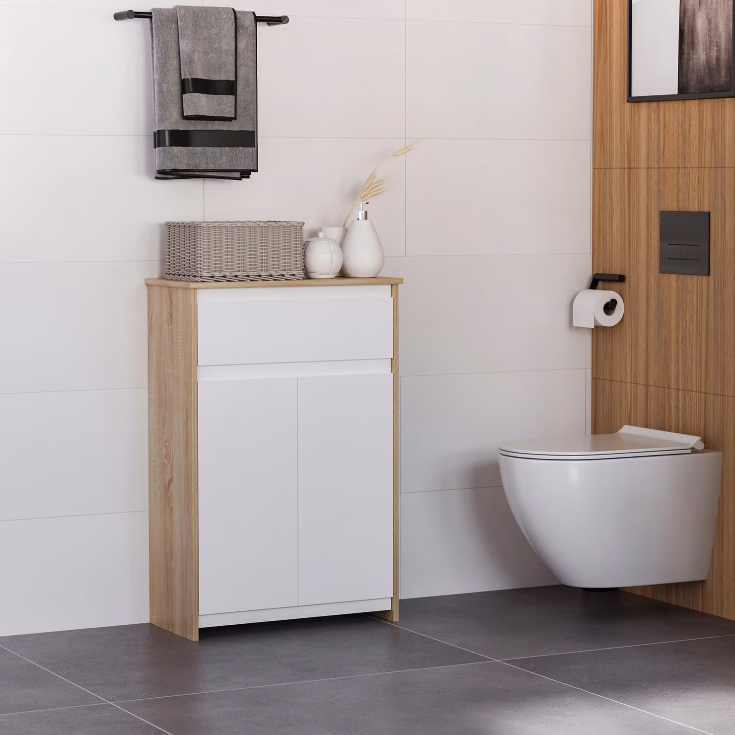 Mobiletto da Bagno Multiuso Salvaspazio kleankin con Armadietto e Cassetto, Colore Legno e Bianco, L: 60 cm, P: 30 cm, H: 90 cm – 2