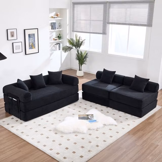 Divano Modulare REDOM a L in Velluto a Coste Nero con Funzione Letto L/P/H: 270 x 180 x 64 cm
