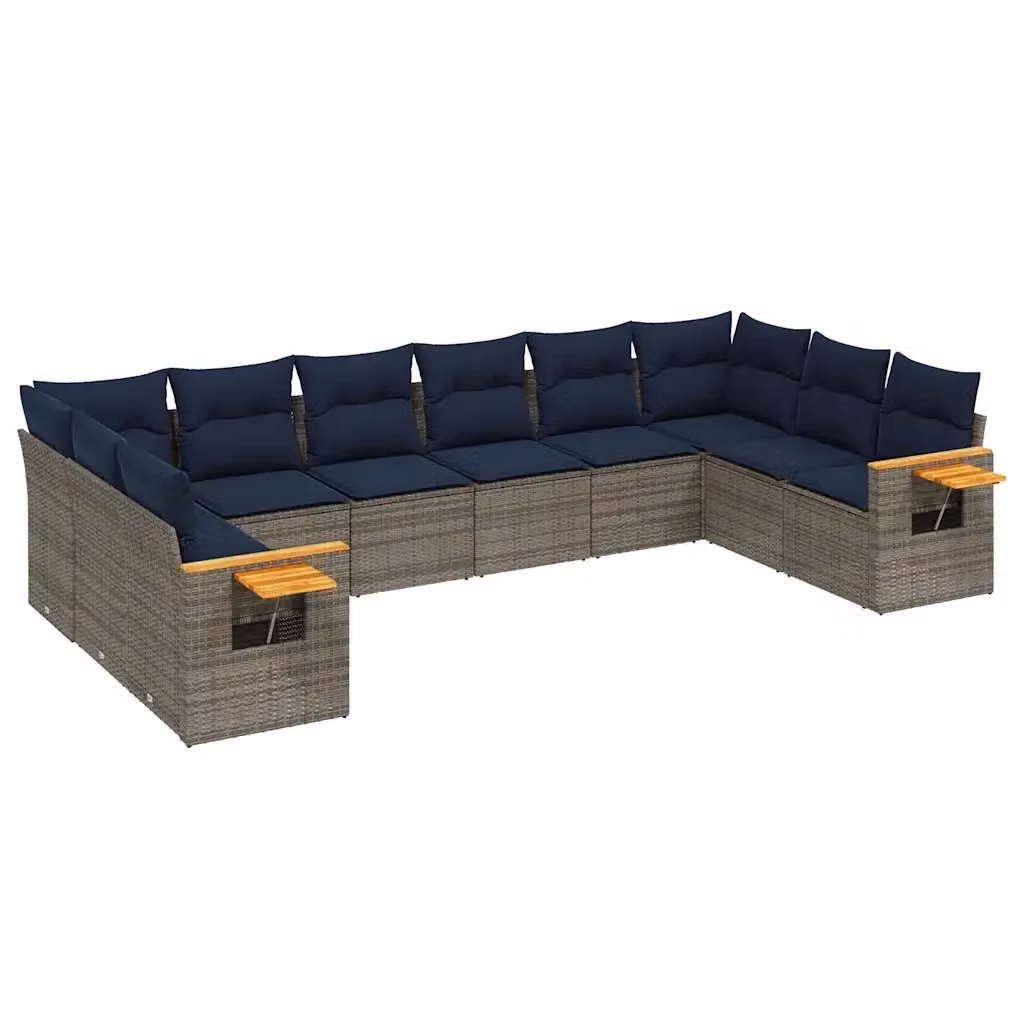 vidaXL Set Divani da Giardino 10 pz in Polyrattan con Cuscini e Tavolino da Esterno, Colore Grigio e Blu – 2