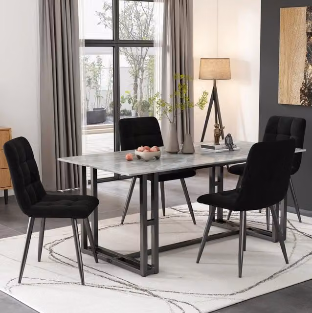 Set 4 sedie da pranzo nere in velluto con gambe in metallo