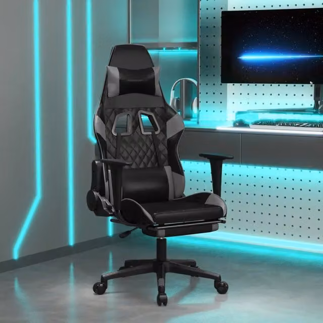 Sedia da Gaming vidaXL con Poggiapiedi, Rivestimento in Similpelle, Colore Nero e Grigio, Ruote e Braccioli – 1