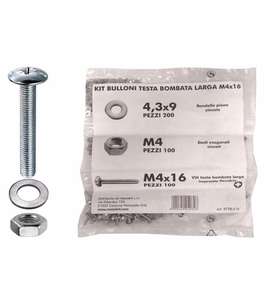 Kit viti testa bombata larga Diam. 4 x 16 + dadi + rondelle - 400 pz.
