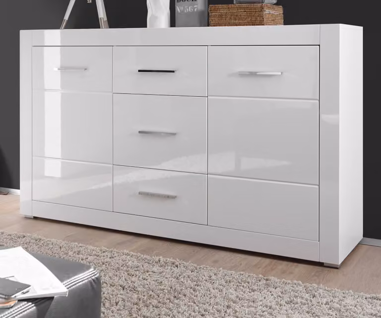 Credenza "Carrara" bianco lucido Cassettiera per soggiorno e sala da pranzo 164 x 97 cm