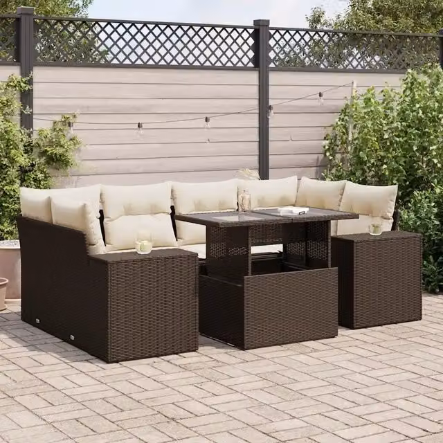 Set Divani da Giardino 7 pz con Cuscini Marrone in Polyrattan 3326754