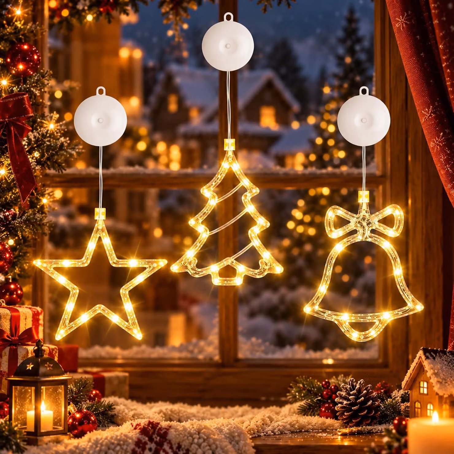 3 stelle decorative natalizie con LED, 10 LED a luce bianco caldo, con timer, ideali per finestre