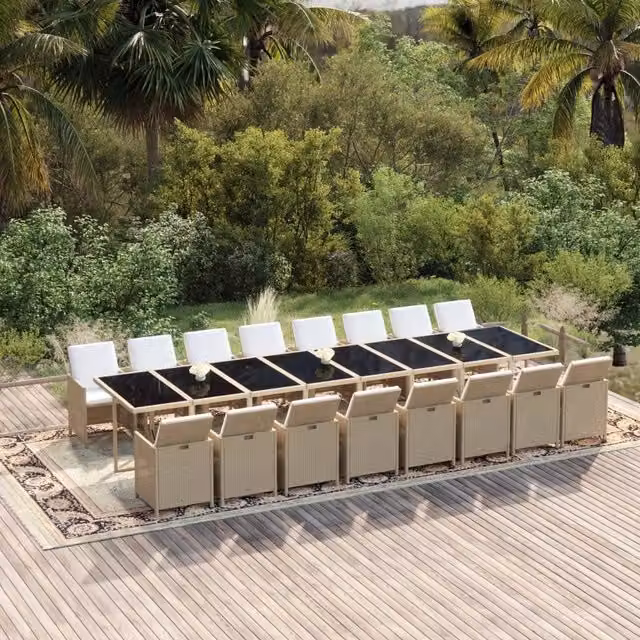 Set da pranzo da giardino vidaXL in polyrattan da 17 pezzi con cuscini beige e piano in vetro
