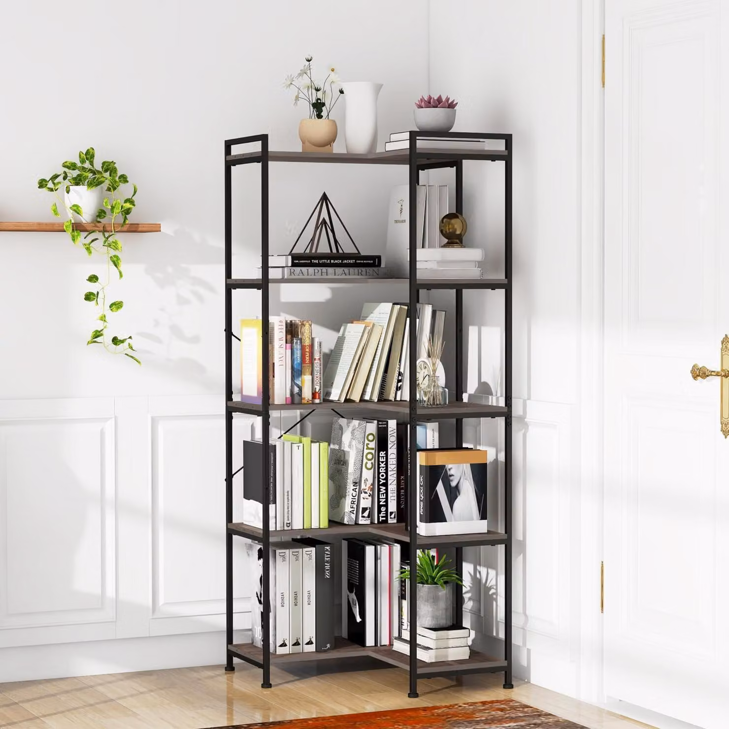 Libreria a 5 ripiani, struttura in metallo, colore grigio vintage, altezza 150 cm