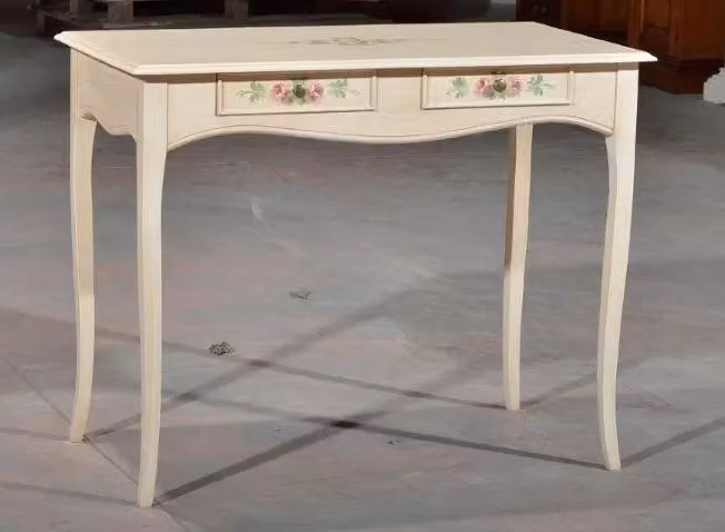 Consolle in legno con 2 cassetti laccato avorio patinato e decori floreali Mobili 2G L/P/H: 101 x 54 x 80 cm