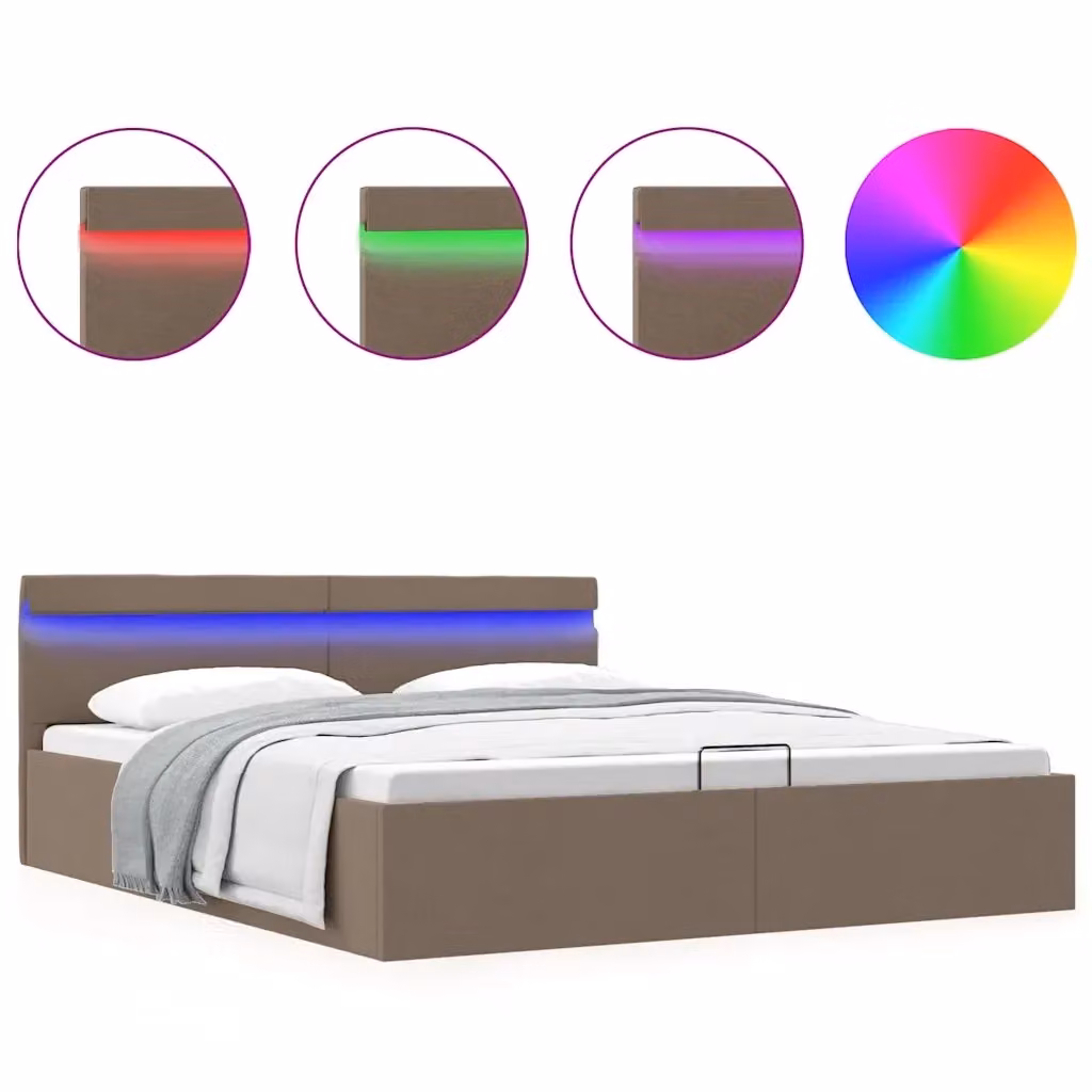 vidaXL Giroletto Idraulico con Contenitore, Illuminazione LED e Porta USB, Tessuto Tortora, 160 x 200 cm – 3
