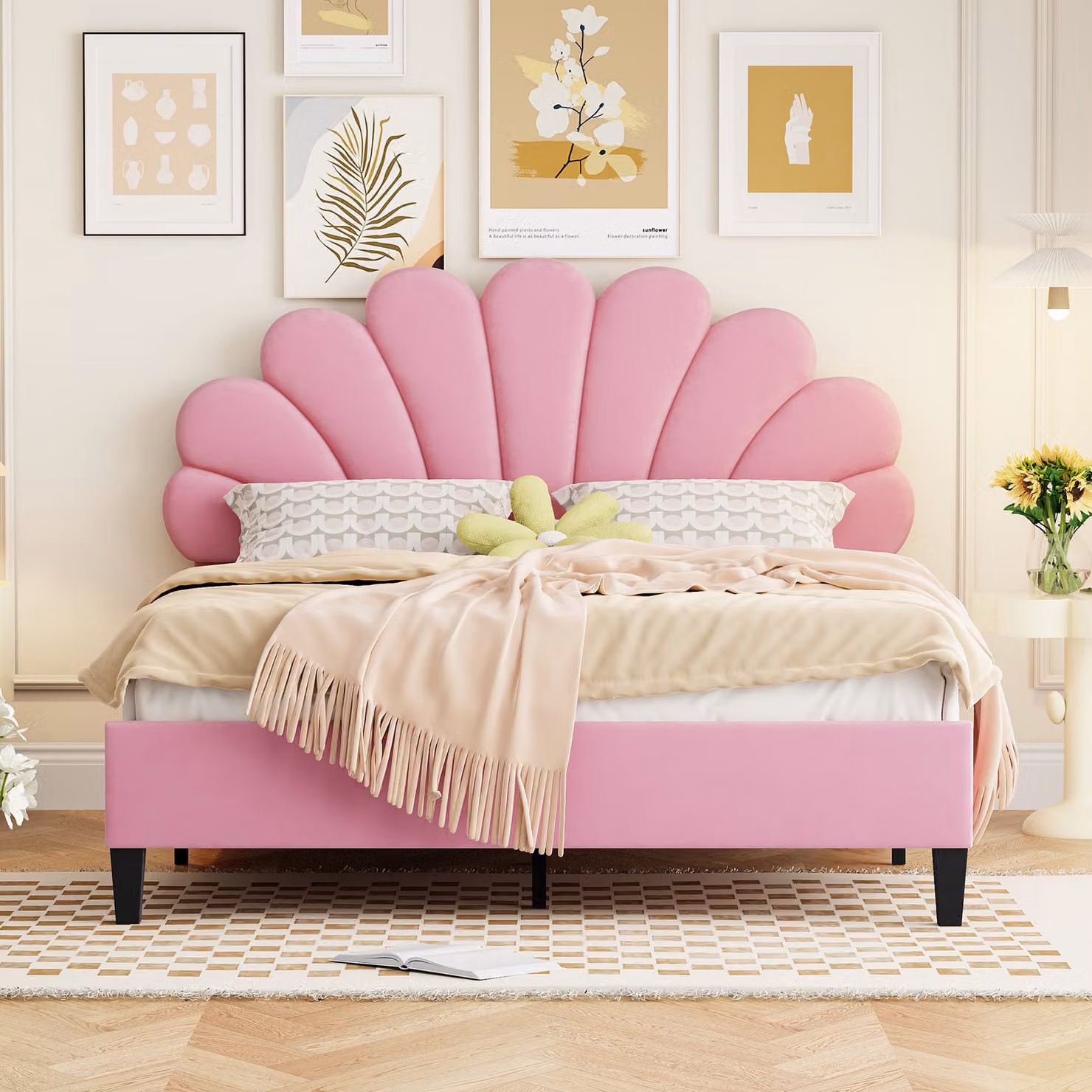 okwish Letto imbottito 140 x 200 cm, struttura letto con testata floreale, letto a doghe, letto per adulti e ragazzi in materiale vellutato delicato sulla pelle, rosa